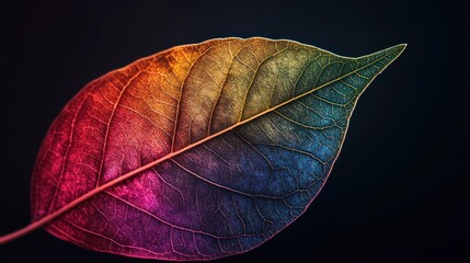 Poster - A vibrant, multicolored leaf showcasing intricate textures and patterns against a dark background.
