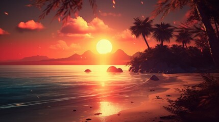 Poster - Vibrant Sunrise over Serene Beach with Lush Palm Trees and Calm Waters Reflecting Golden Light Amidst Gentle Waves and Tropical Landscape