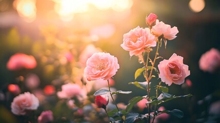 Sticker - Pink roses blooming in warm sunset light