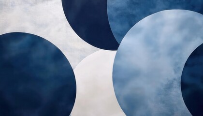 Poster - Abstract Overlapping Blue and White Geometric Circular Shapes with Textured Gradients. Minimalist Banner Design for Modern Interior Decor, Branding, or Digital Backgrounds
