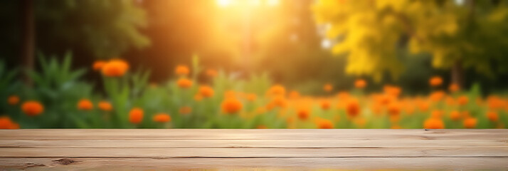 Aufkleber - A blurred image of a wood table with an orange garden visible through it, suitable for a design key visual display._00003_