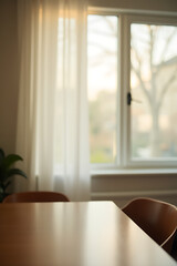 Poster - A blurred curtain hangs behind a wooden table, with natural light streaming through an adjacent window in the morning._00001_