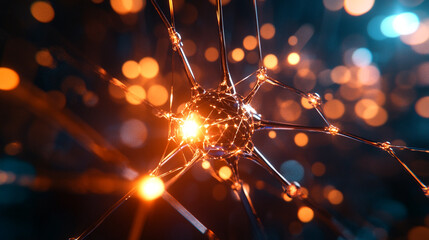 Poster - Close-up view of an electric neuron with glowing synapses in a digital representation. 