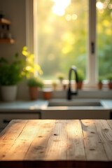 Poster - A beautiful abstract nature scene is created by a wood table top against a blurred kitchen counter in the morning light._00003_