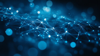 Poster - Abstract representation of connected networks in a dark blue background. 