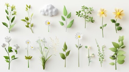 Wall Mural - 62.A 3D-rendered set of stylized plants, delicate flowers, and fluffy cloud shapes arranged on an isolated white background. Each object has soft shading and gentle curves, giving a whimsical,