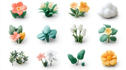 Fototapete - 73.A cheerful set of 3D vector icons, including various plant shapes, delicate flowers, and cloud forms. Each icon is rendered with smooth shading and arranged on a plain white background, creating a
