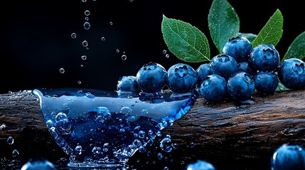 Wall Mural - Fresh blueberries splashing in water on wood.