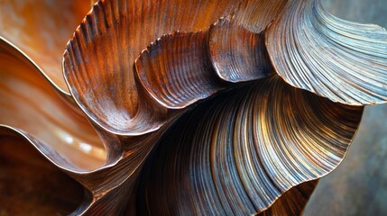 2.Close-up view of a scallop shell, highlighting its fan-shaped structure and intricate radiating lines. Each line emanates from the hinge, creating a sense of movement and texture. The shellâ€™s