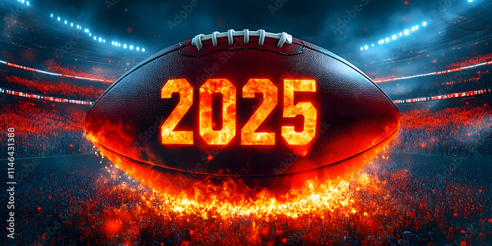 Fiery American Football with 2025 Countdown in Stadium for Big Super