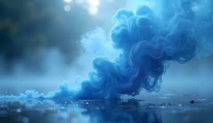 Poster - Magic blue cigarette smoke. Magic blue smoke with glitter and small particles of twinkling stars. Fog with luminous particles. Blue vapor with stardust. 