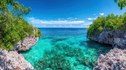 Sticker - Idyllic turquoise cove with rocky shores and lush greenery under a vibrant blue sky.