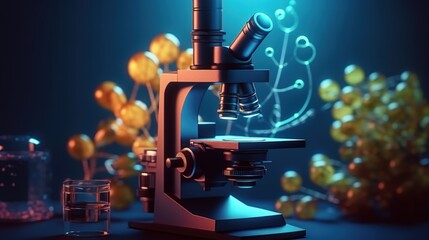 Poster - Scientific microscope with vibrant illumination, surrounded by glassware and organic materials, showcasing advanced research in a laboratory setting