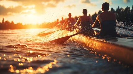 Rowers paddling on river at sunset creating water splashes