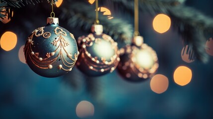 Wall Mural - Beautifully Decorated Christmas Baubles Hanging on a Festive Tree with Warm Bokeh Lights in the Background, Exuding Holiday Cheer and Joyful Spirit