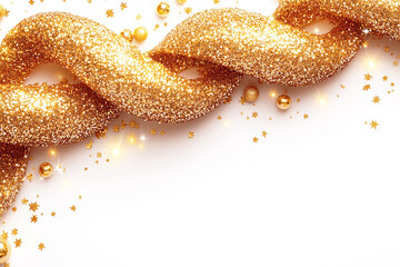 Wall Mural - Golden Glitter Rope with Sparkling Decorations on White Background with Copy-Space