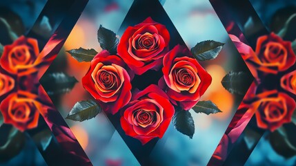 Poster - Artistic composition of roses in a symmetrical pattern against a geometric backdrop, creative shot, Geometric style
