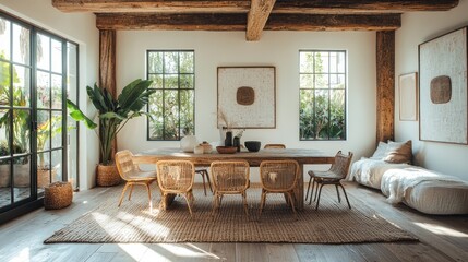 Poster - A large room with a wooden table and chairs
