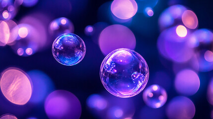 Poster - Colorful bubbles floating in a dreamy background of purple lights. 