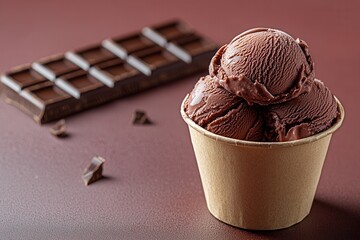 Wall Mural - Creamy chocolate ice cream served in a cup alongside chunks of dark chocolate on a textured surface