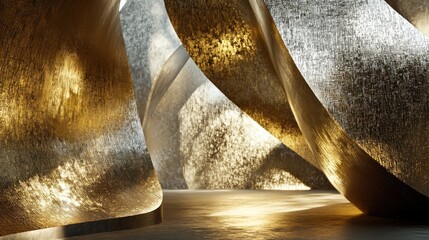Poster - Abstract interior space with flowing metallic forms and soft lighting.