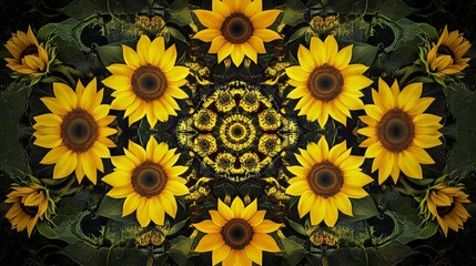 Poster - Artistic composition of sunflowers in a symmetrical pattern against a geometric backdrop, creative shot, Geometric style