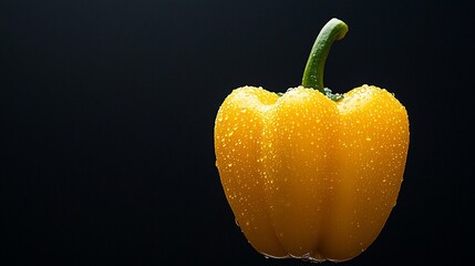 Wall Mural - Single yellow bell pepper with water droplets on black background.