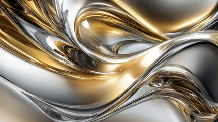 Fototapete - Abstract metallic waves in gold and silver, creating a dynamic and fluid visual effect.
