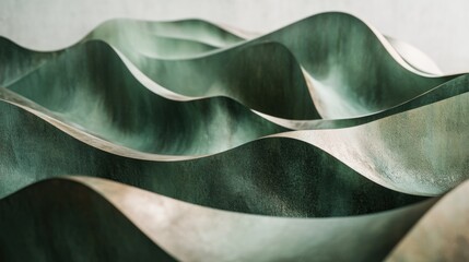Poster - Abstract sculpture with flowing wave-like forms in green and metallic tones.