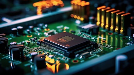 Poster - Close-up of a Circuit Board Featuring an Integrated Circuit with Colorful Highlights and Advanced Technology Elements