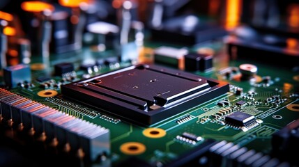 Poster - Close-up of a Circuit Board with Integrated Chip and Electronic Components Highlighting Technology and Innovation in Modern Electronics Design