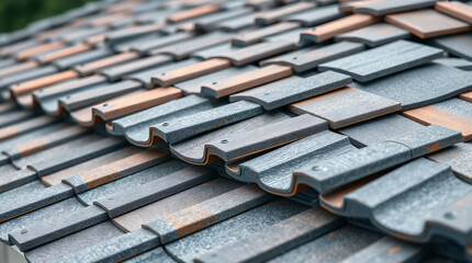 Wall Mural - Close-up view of a roof covered in interlocking clay tiles. The tiles are predominantly gray and muted orange-brown, arranged in an overlapping pattern.  The texture appears slightly rough.