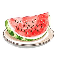 Canvas Print - A watercolor drawing of a refreshing watermelon slice on a plate, isolated on a white background. Watermelon slice plate vector.
