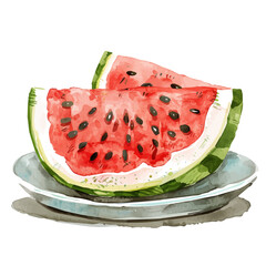 Canvas Print - A watercolor drawing of a refreshing watermelon slice on a plate, isolated on a white background. Watermelon slice plate vector.
