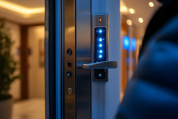 Poster - A modern electronic door handle with illuminated indicators, suggesting security access.