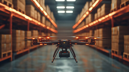 Poster - A drone navigates through an industrial storage facility filled with stacked boxes.