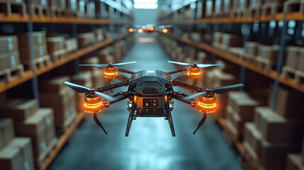 Poster - A drone flying in a warehouse amid stacked boxes, showcasing automation in logistics.