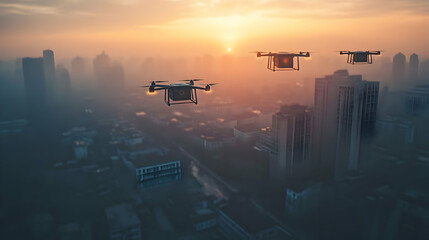 Poster - Drones flying over a cityscape at sunset, showcasing technology in urban environments.