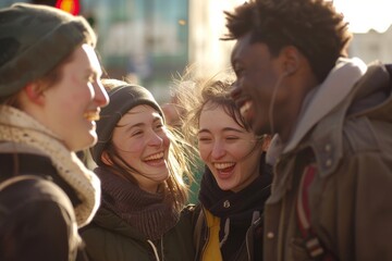 Wall Mural - Group of friends laughing and having fun in the city. Friendship concept.