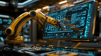 Poster - A robotic arm interacts with a high-tech interface in a futuristic workspace.
