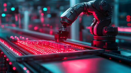 Poster - A robotic arm assembling components on a glowing conveyor belt in a modern industrial setting.