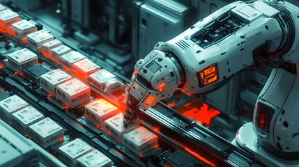 Poster - A robotic arm assembling packages on a futuristic production line.