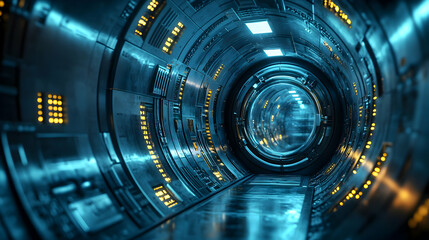 Poster - A futuristic tunnel with metallic walls and glowing lights, suggesting advanced technology.