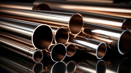 Poster - Metallic Pipes Arrangement in Corners with Reflective Surfaces in a High Definition 3D Render Showcasing Various Types and Sizes of Tubes