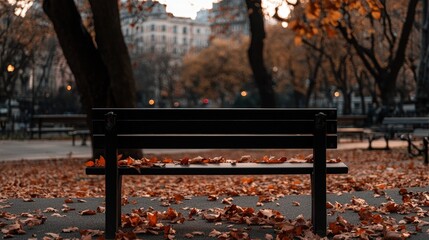 Canvas Print - Empty park bench with autumn leaves.