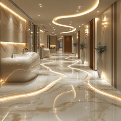 Luxurious hotel corridor with curved LED lighting, marble floor, and modern sinks.