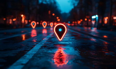 Poster - Neon location markers glow on a wet street, creating a vibrant urban atmosphere at dusk.