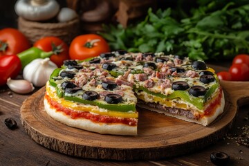 Wall Mural - Delicious veggie pizza with olives, peppers, and ham on a rustic wooden board, a slice removed.