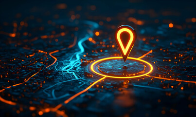 Poster - A digital map with a glowing location pin, highlighting a specific area.
