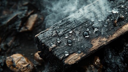 Poster - Close-up of a charred log with water droplets and smoke, showcasing nature's elements.